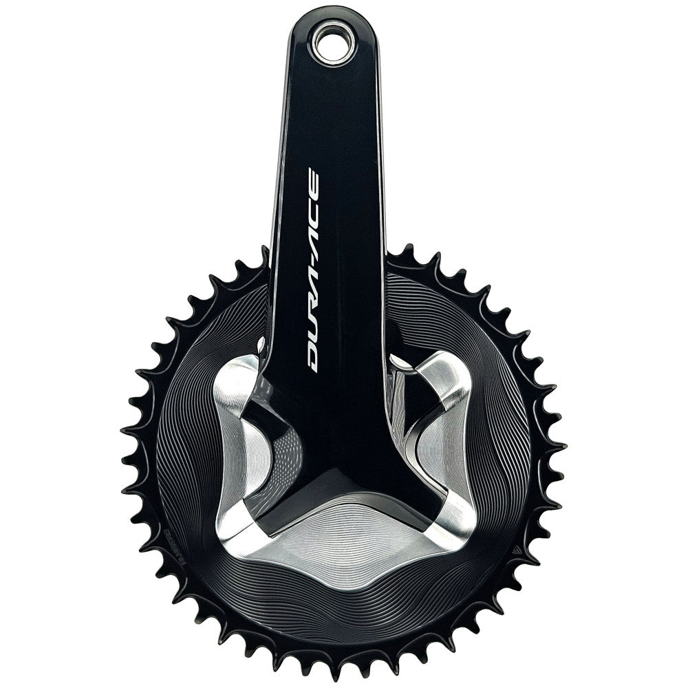 Czarna okrągła zębatka ALUGEAR Road z falistym wykończeniem na korbie Shimano Dura-Ace R9100, 110 BCD, 4-bolt asymetryczny
