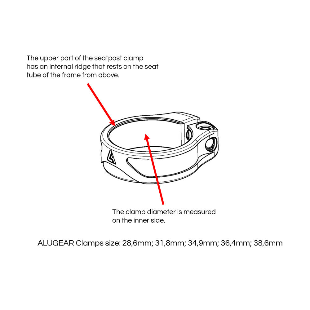 Technical diagram of ALUGEAR seatpost clamp showing internal ridge and available clamp diameters