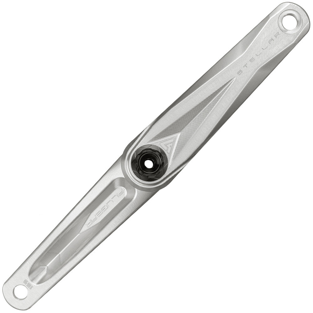 Silver natural ALUGEAR Stellar AL MTB single crank arm face view, STELLAR engraving, superboost or DH variant