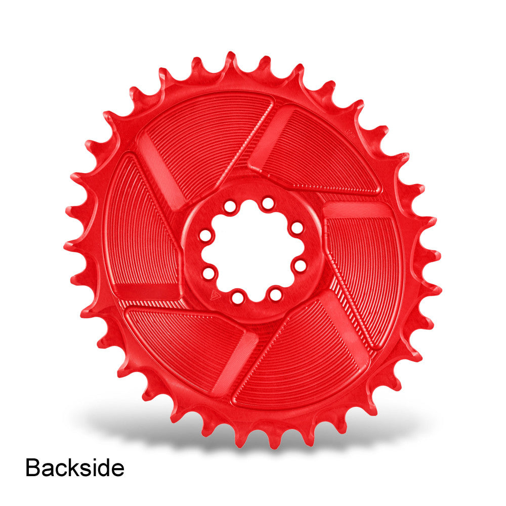 Red anodized oval ALUGEAR Boost AERO MTB chainring backside, SRAM 8-bolt direct-mount T-Type