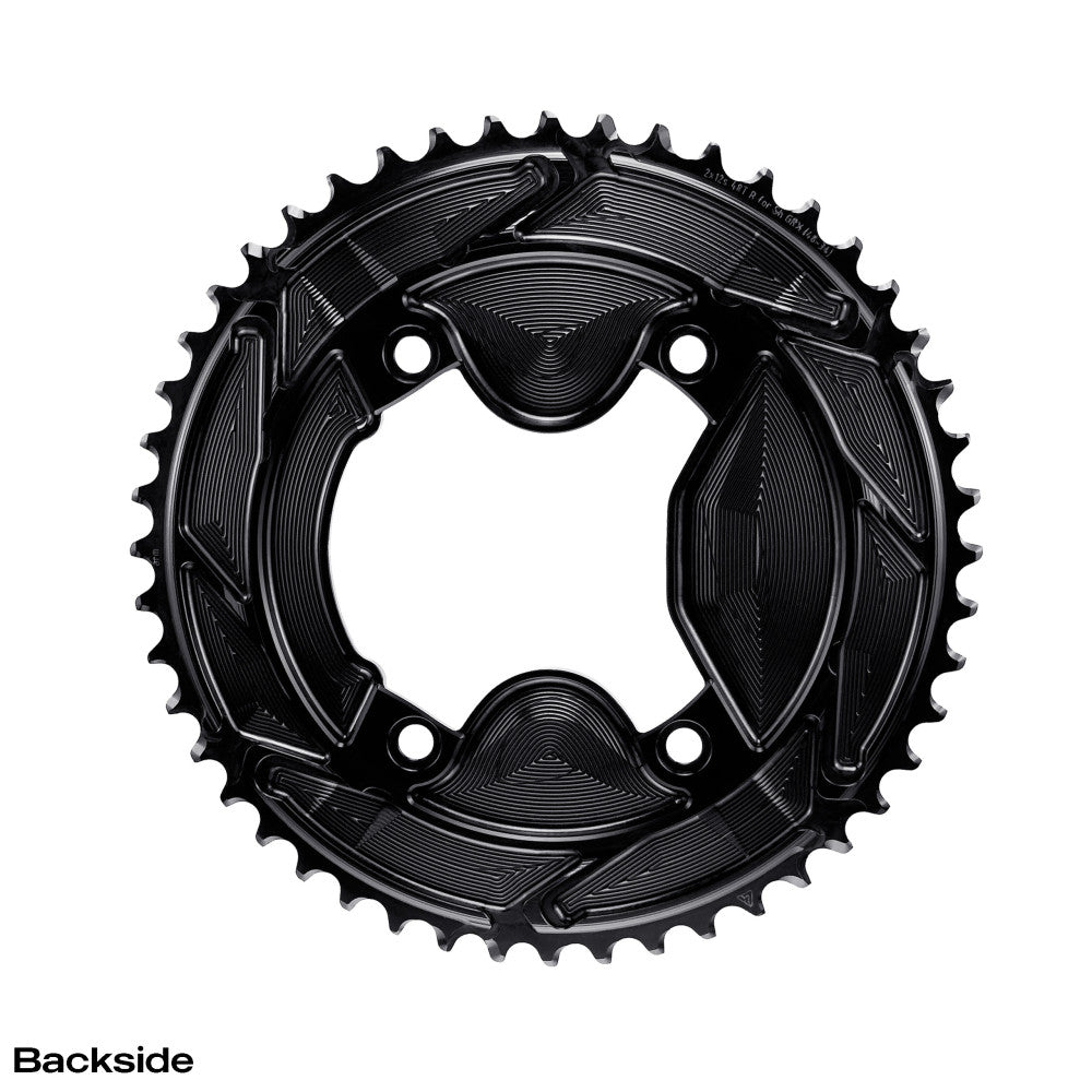 Black round ALUGEAR outer chainring for Shimano GRX 2x, backside view showing asymmetric 4-bolt mount