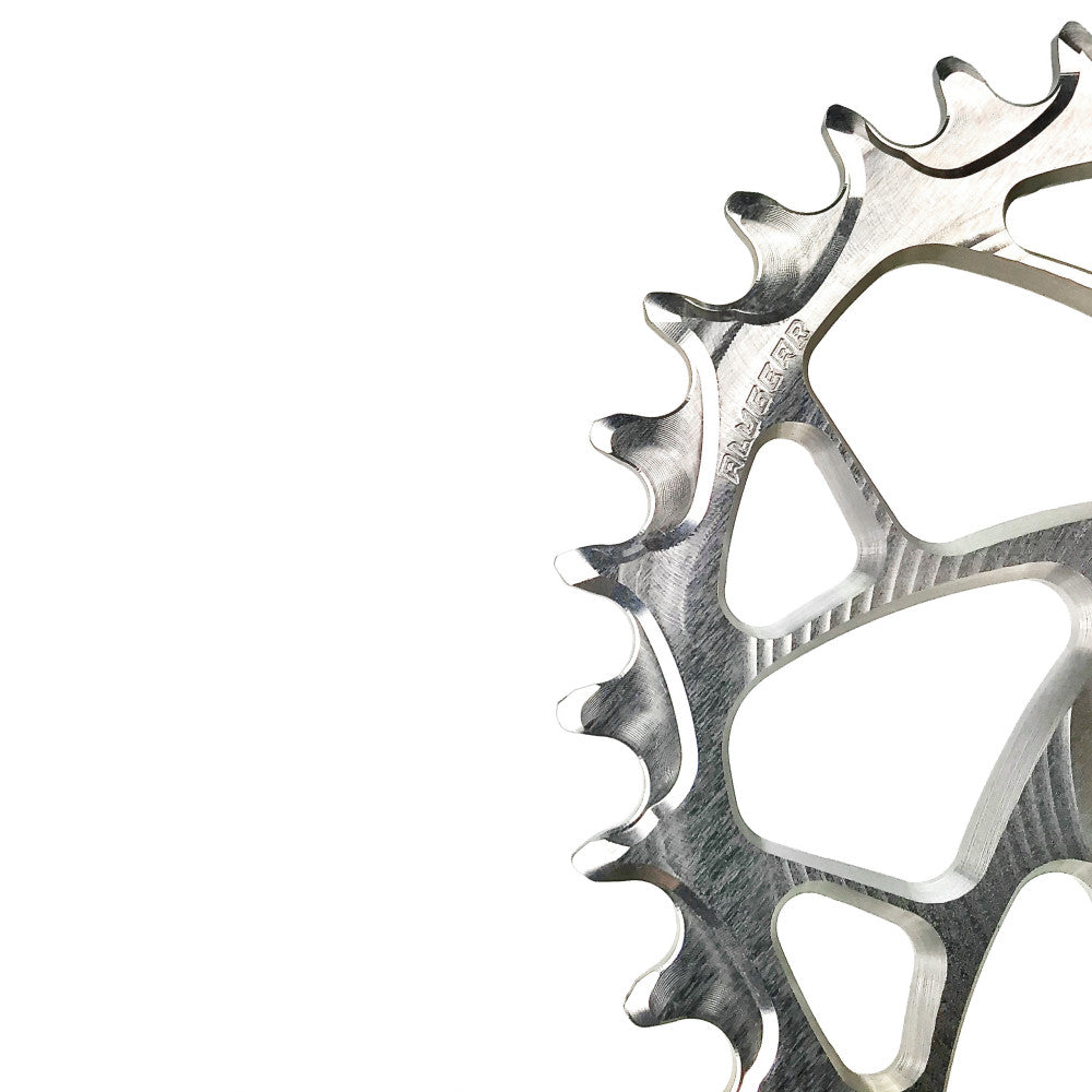 Silver raw-finish ALUGEAR round 1X road/gravel chainring close-up showing teeth, SRAM 3-bolt direct-mount