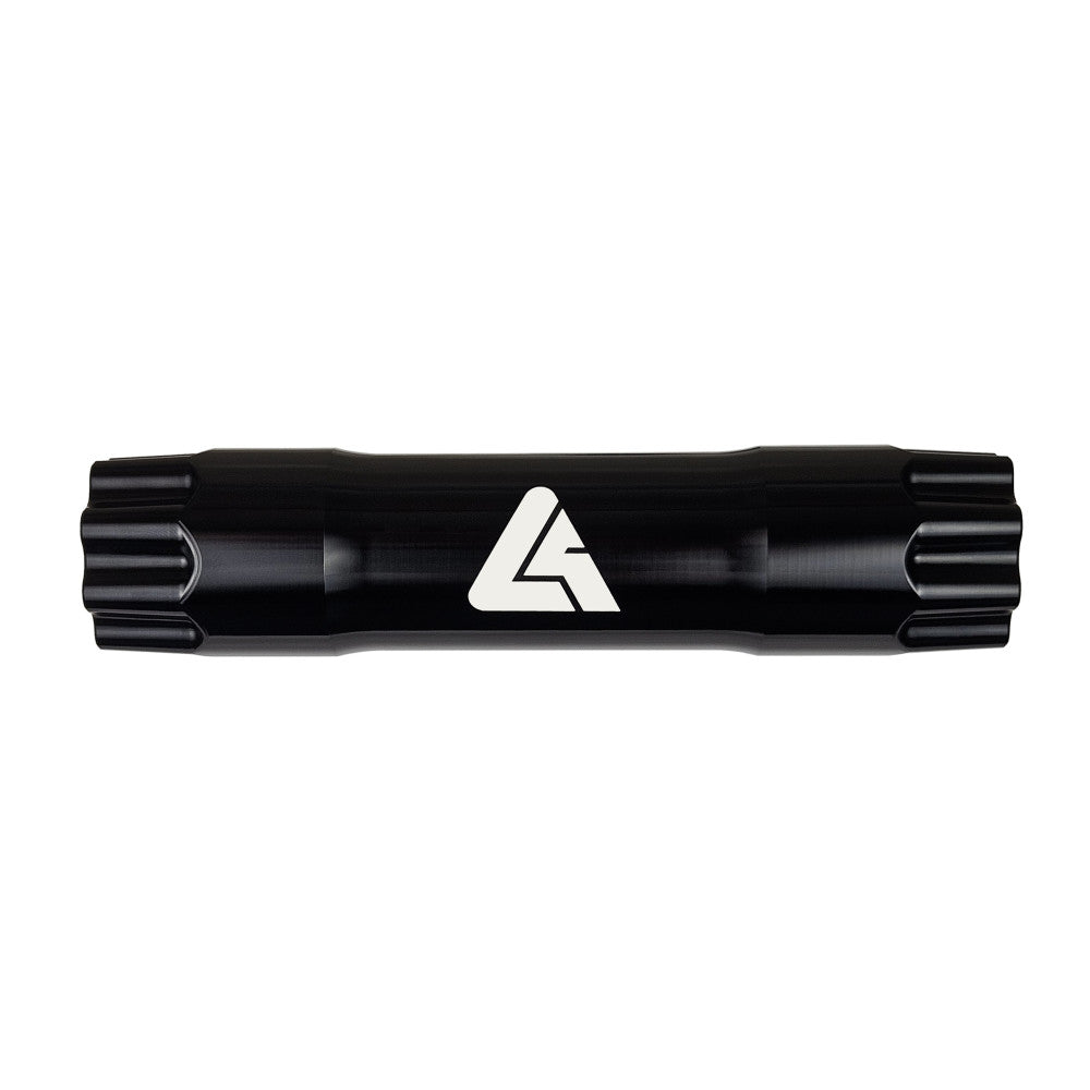 Black anodized ALUGEAR SRAM DUB Road/Gravel spindle showing ALUGEAR logo side