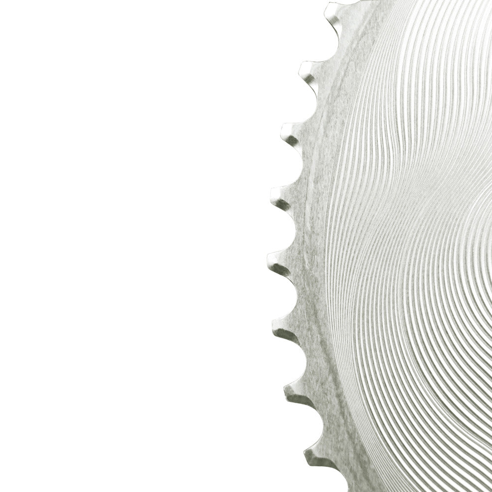Silver ALUGEAR AERO round road chainring close-up teeth detail, 110 BCD 4-bolt Shimano asymmetric