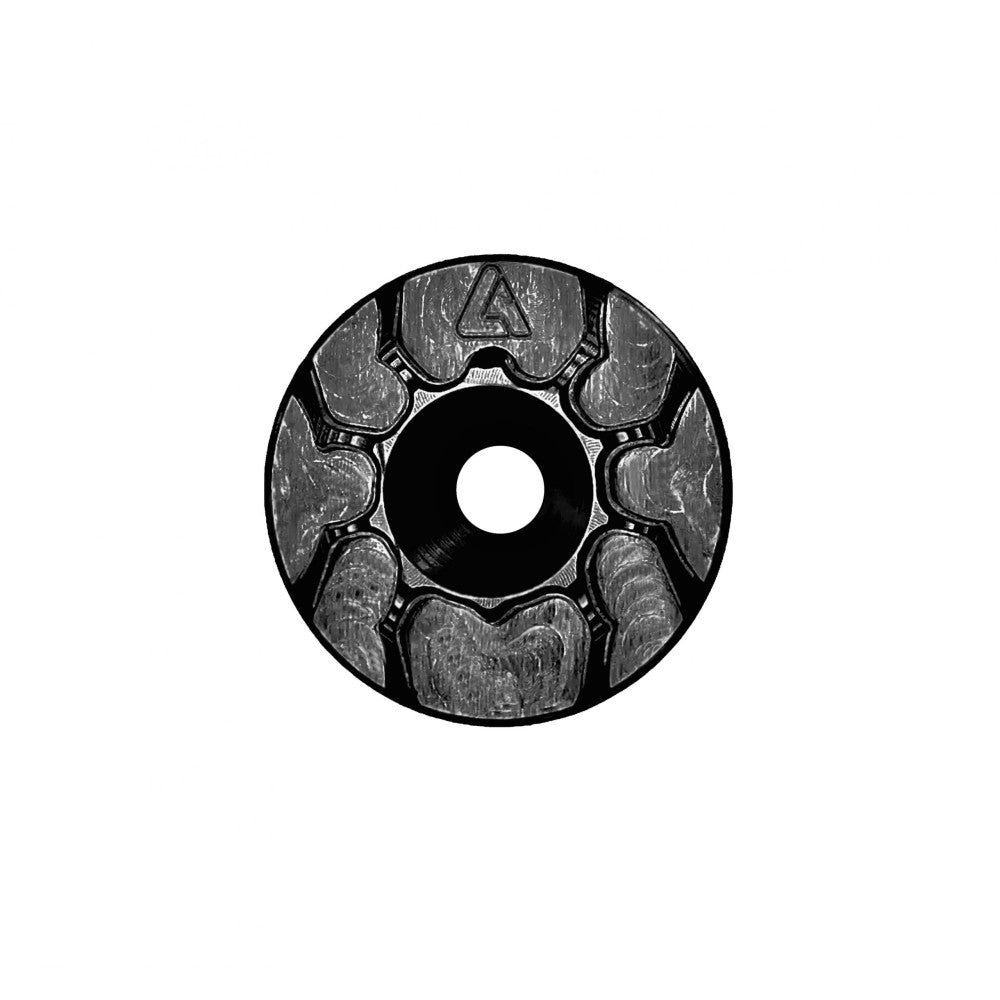 Black anodized ALUGEAR headset top cap with spider cut-out design, front face view