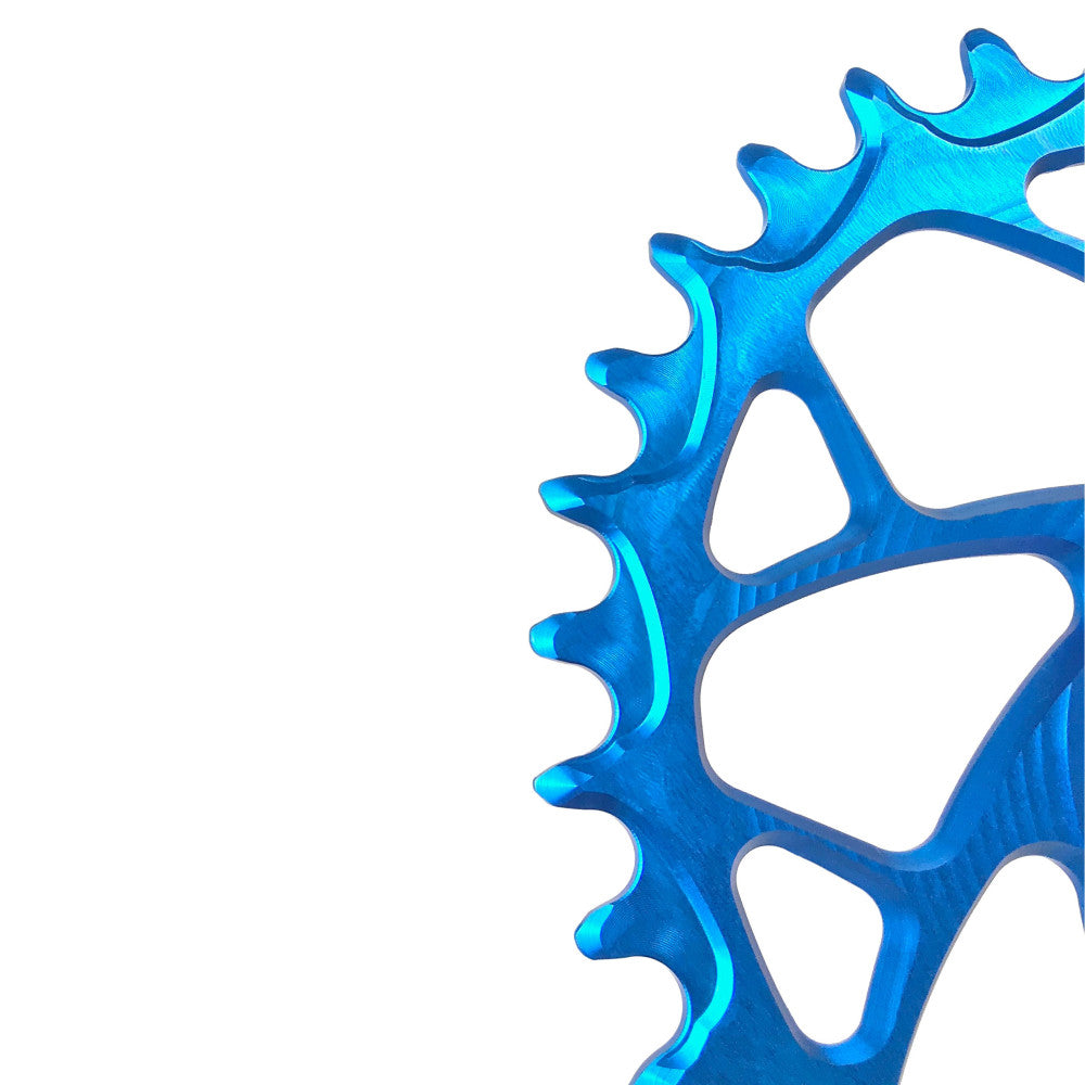 Blue anodized ALUGEAR round narrow-wide MTB chainring close-up showing teeth detail, SRAM 3-bolt direct-mount