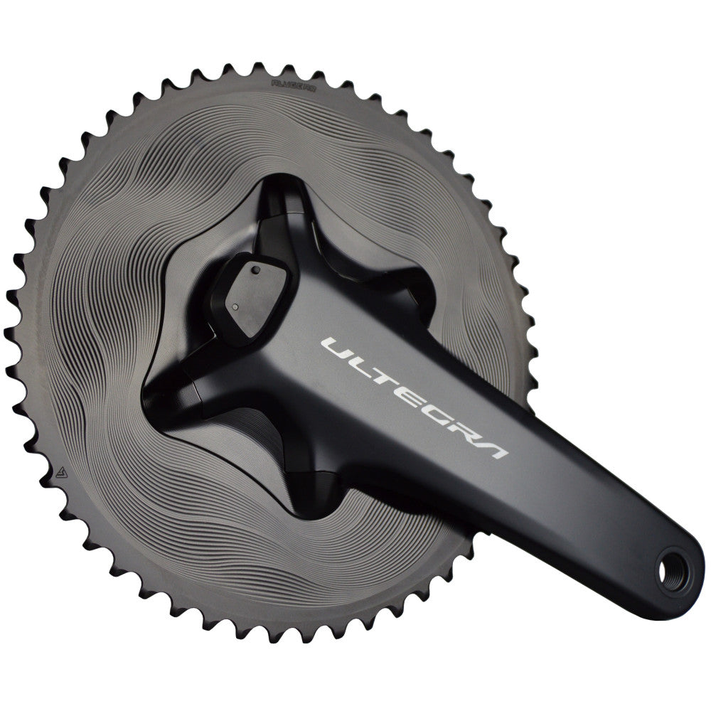 Dark graphite ALUGEAR AERO outer chainring installed on Shimano Ultegra R8100-P crankset, wave-machined face