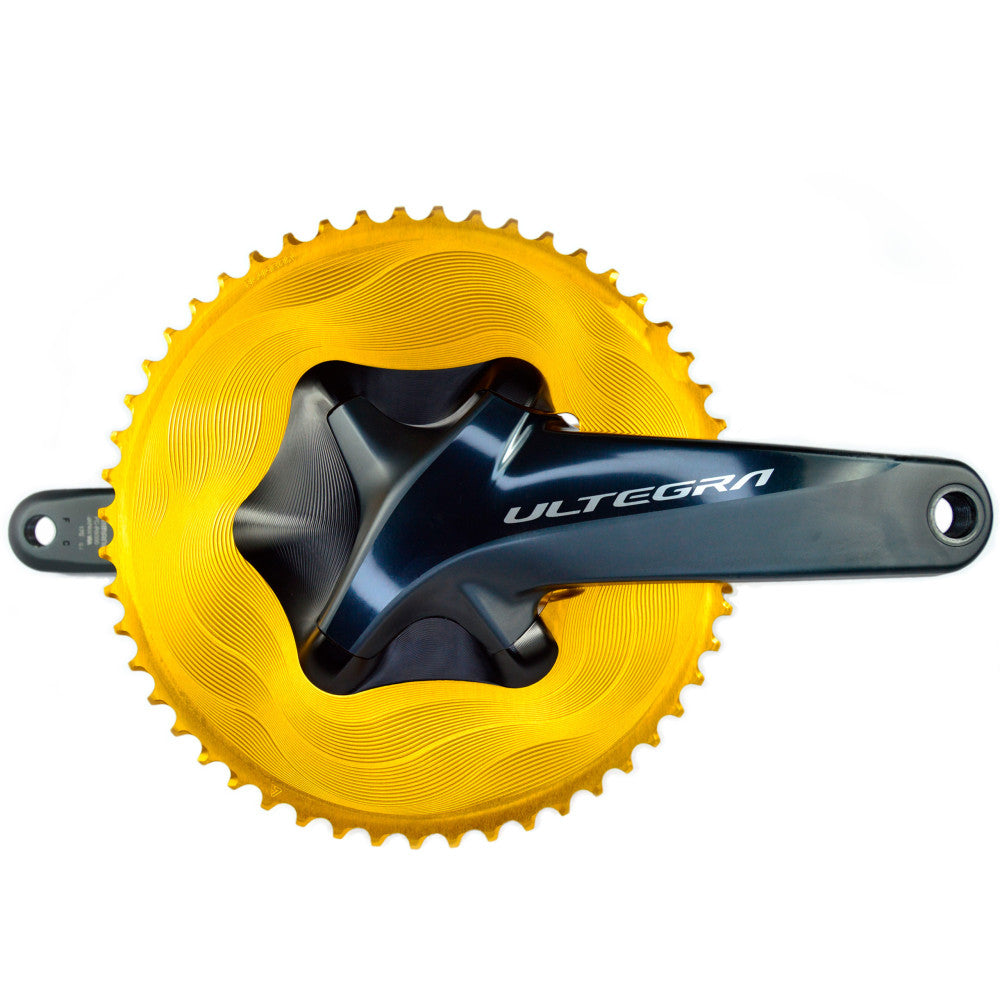 Gold ALUGEAR AERO outer chainring installed on Shimano Ultegra R8000 crankset, wave-machined finish