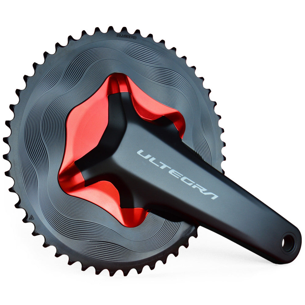 Red ALUGEAR AERO cover installed on Shimano Ultegra R8100 crankset with black AERO outer chainring