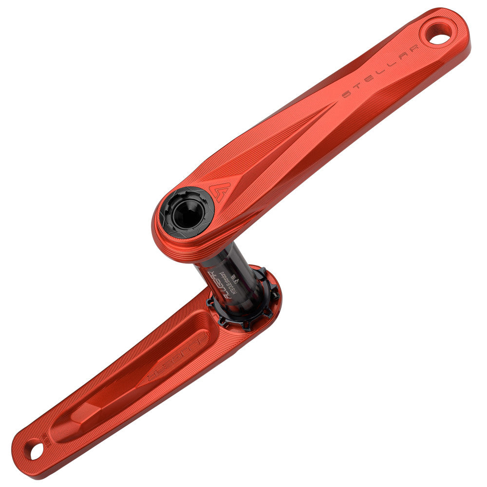 Red anodized ALUGEAR Stellar AL MTB crankset with DUB spindle, paired crank arms at 180 degrees