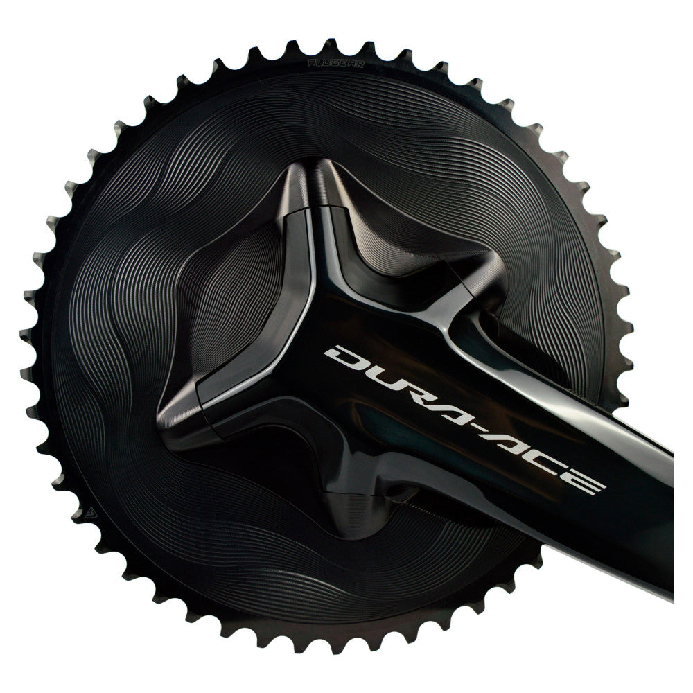 Black ALUGEAR AERO outer road chainring installed on Shimano Dura-Ace R9200 crank, wave-finish face detail