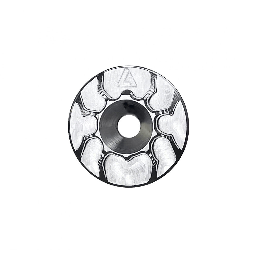 Silver raw ALUGEAR headset top cap with spider cut-out design, front face view