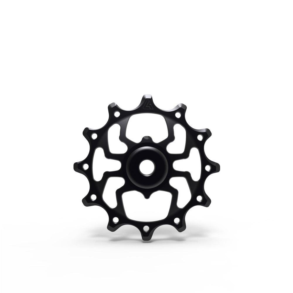 Single black anodized ALUGEAR Spider-style MTB rear derailleur pulley, SRAM 11/12-speed, front face