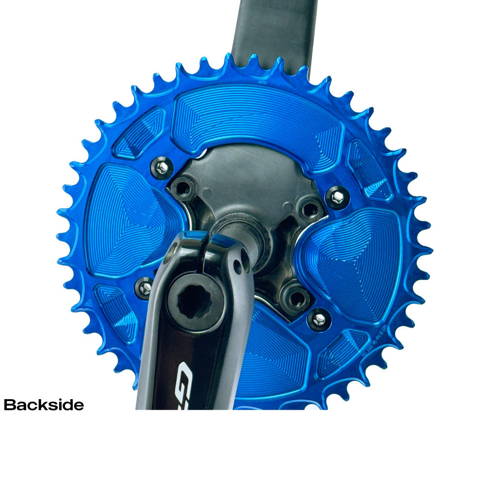 Blue anodized round ALUGEAR 1X AERO chainring installed on Shimano GRX crank, backside view