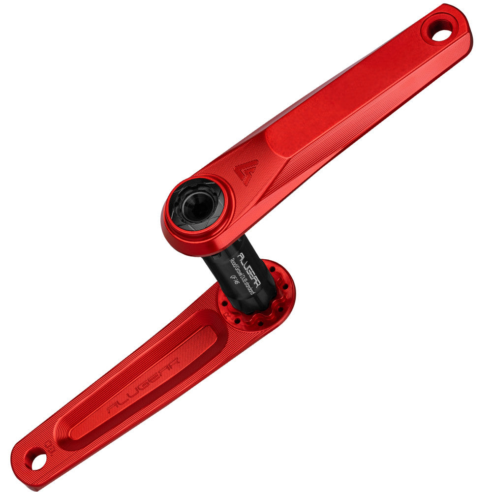 Red anodized ALUGEAR Vega AL road gravel crankset pair with DUB spindle, milled slot, machined finish
