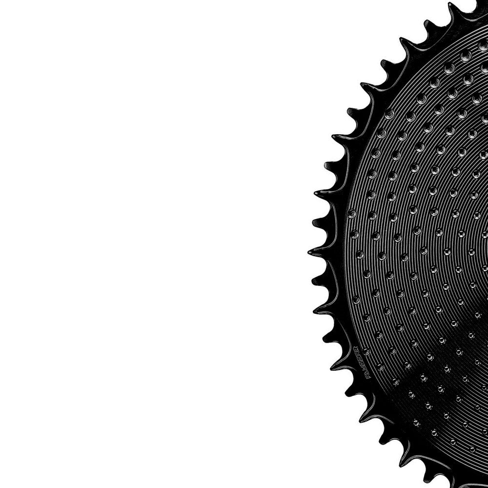 Close-up of black ALUGEAR round outer road chainring edge with dotted surface, SRAM 8-bolt direct-mount