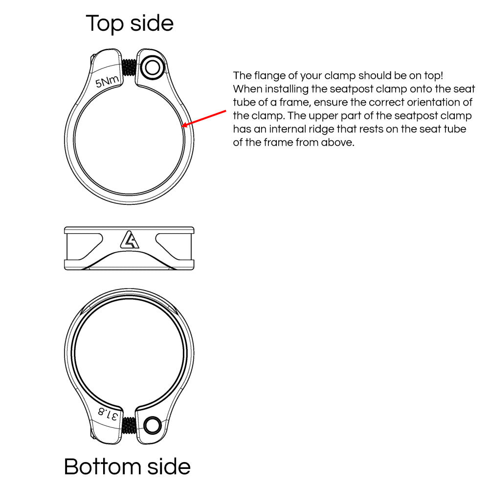 Technical diagram of ALUGEAR seatpost clamp installation orientation showing top side and 5Nm torque spec