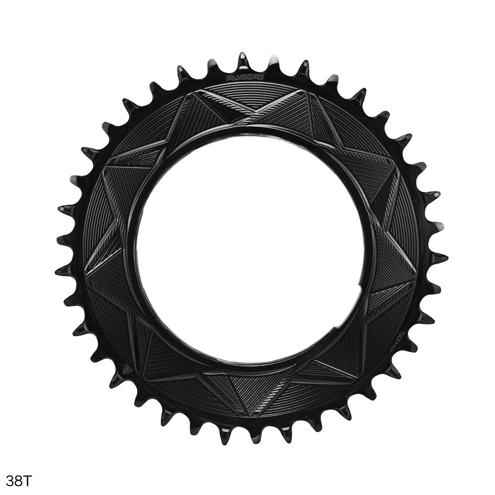 Black ALUGEAR round AERO thread-mount 1X MTB chainring, 38T, geometric triangle pattern, narrow-wide teeth