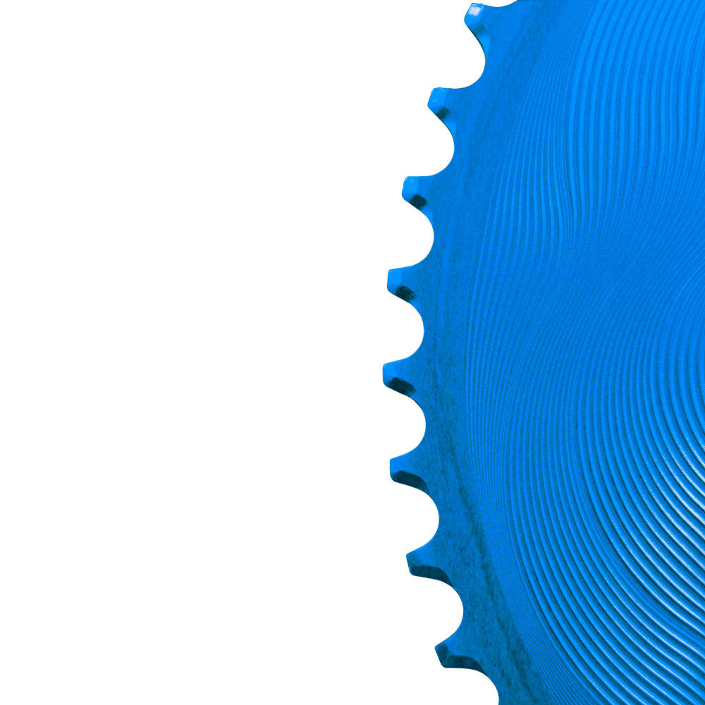 Blue anodized ALUGEAR AERO round road chainring close-up teeth detail, 110 BCD 4-bolt Shimano asymmetric
