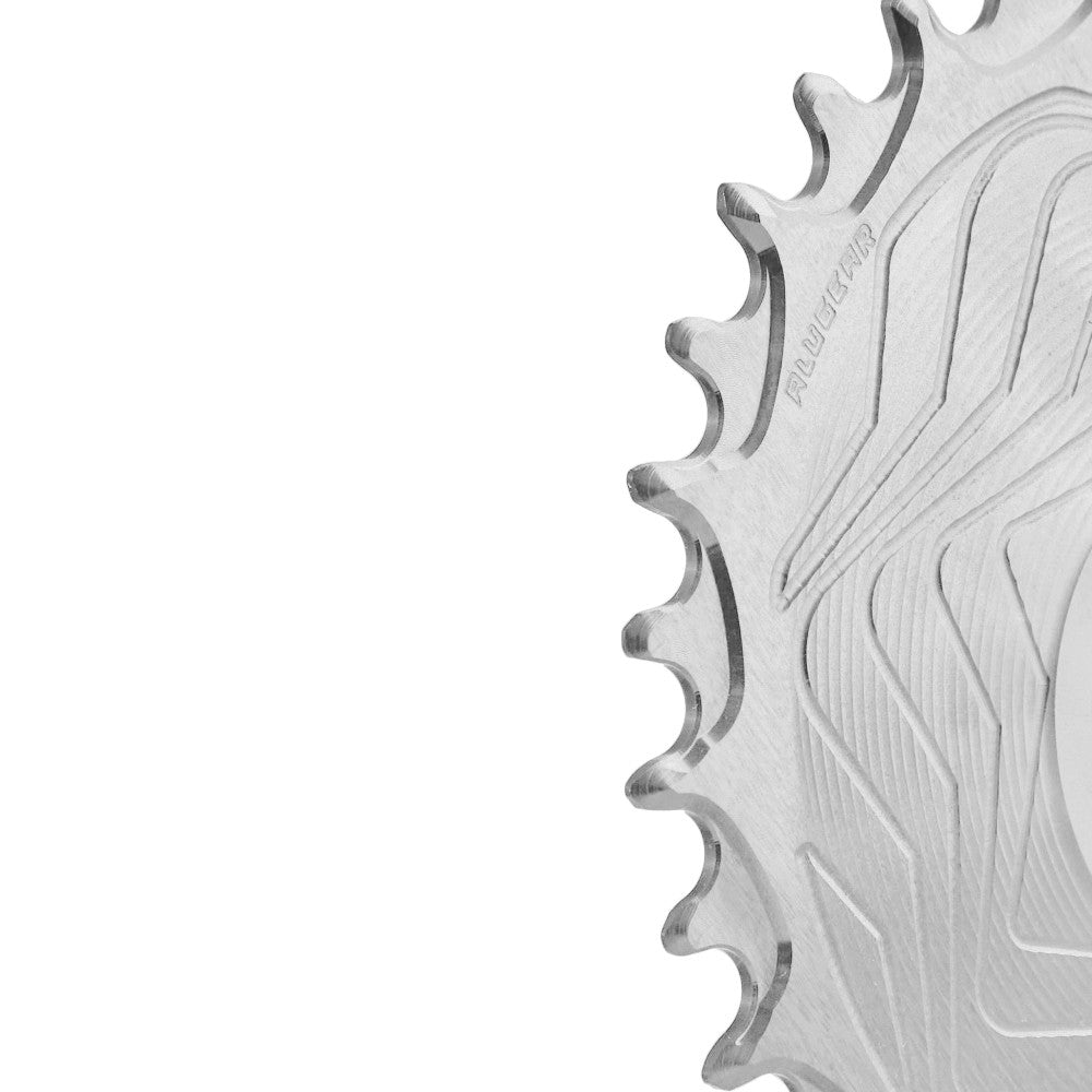 Close-up of silver natural-finish ALUGEAR Shimano direct-mount 12sp MTB chainring teeth, wave-machined surface