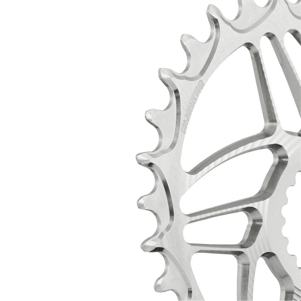 Blue anodized ALUGEAR MTB chainring, Cannondale Hollowgram direct-mount, macro close-up of narrow-wide teeth