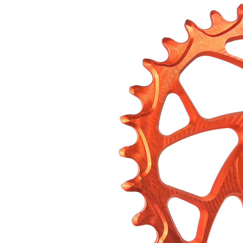 Orange anodized ALUGEAR round narrow-wide MTB chainring close-up showing teeth detail, SRAM 3-bolt direct-mount