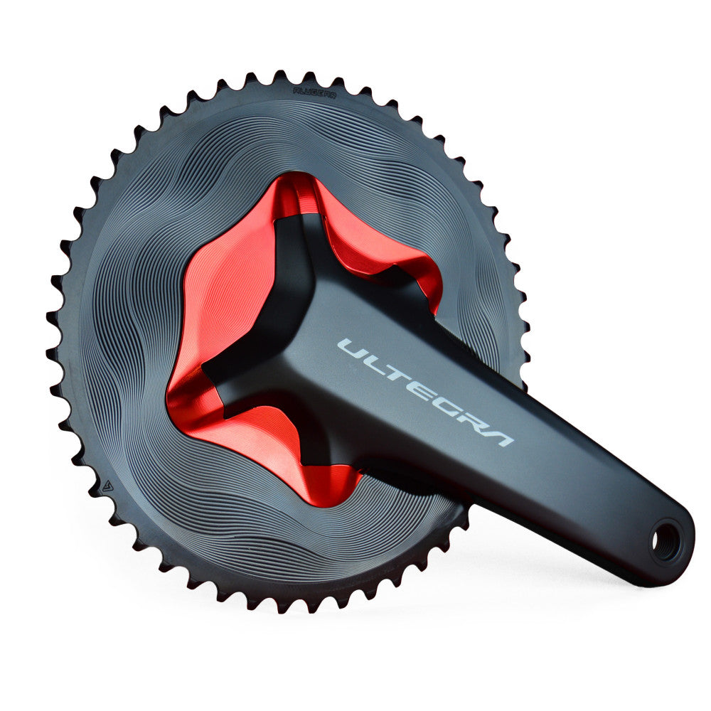 Red anodized ALUGEAR aero cover installed on Shimano Ultegra R8100 crank with black AERO chainring, full 3/4 view