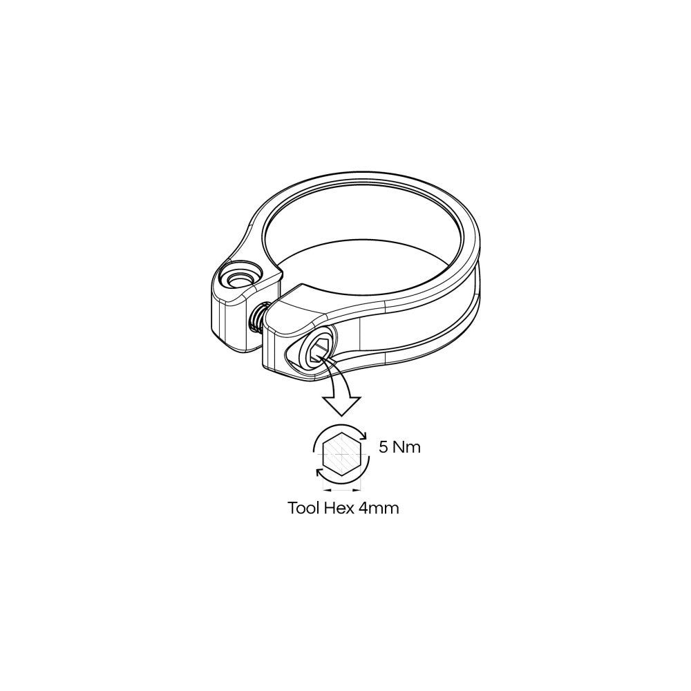 Technical diagram of ALUGEAR seatpost clamp showing 5Nm torque and 4mm hex key tool specification