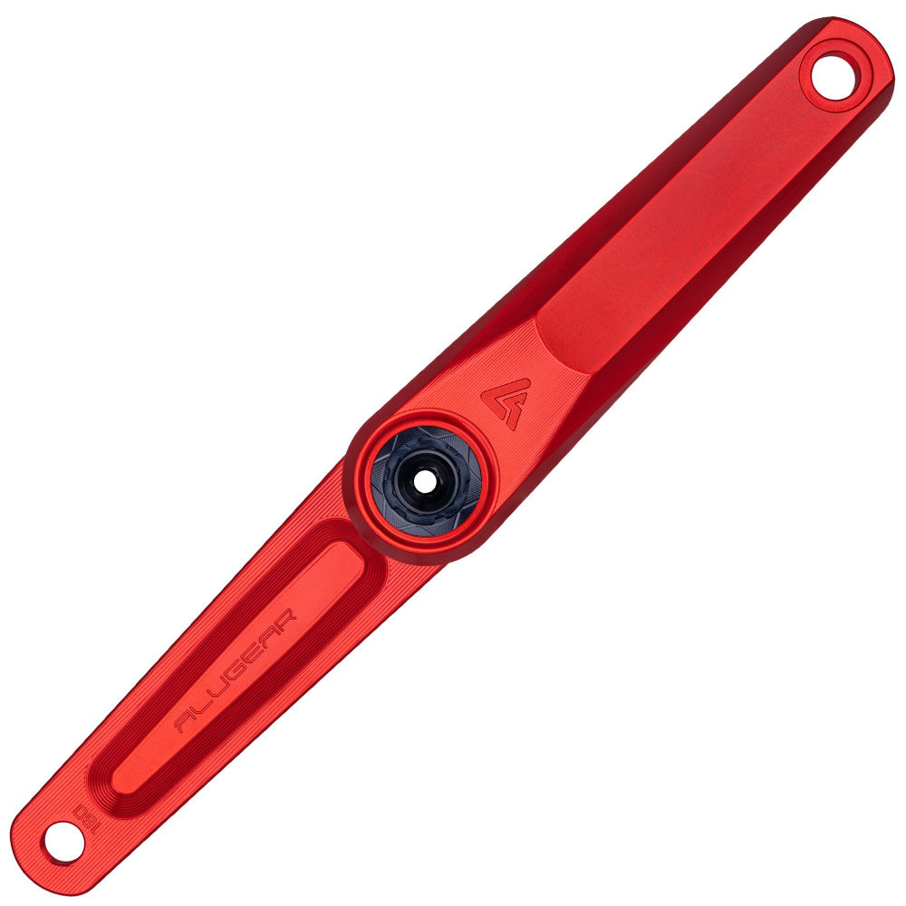 Red anodized ALUGEAR Vega AL road gravel single crank arm flat view, DUB spindle interface, milled slot