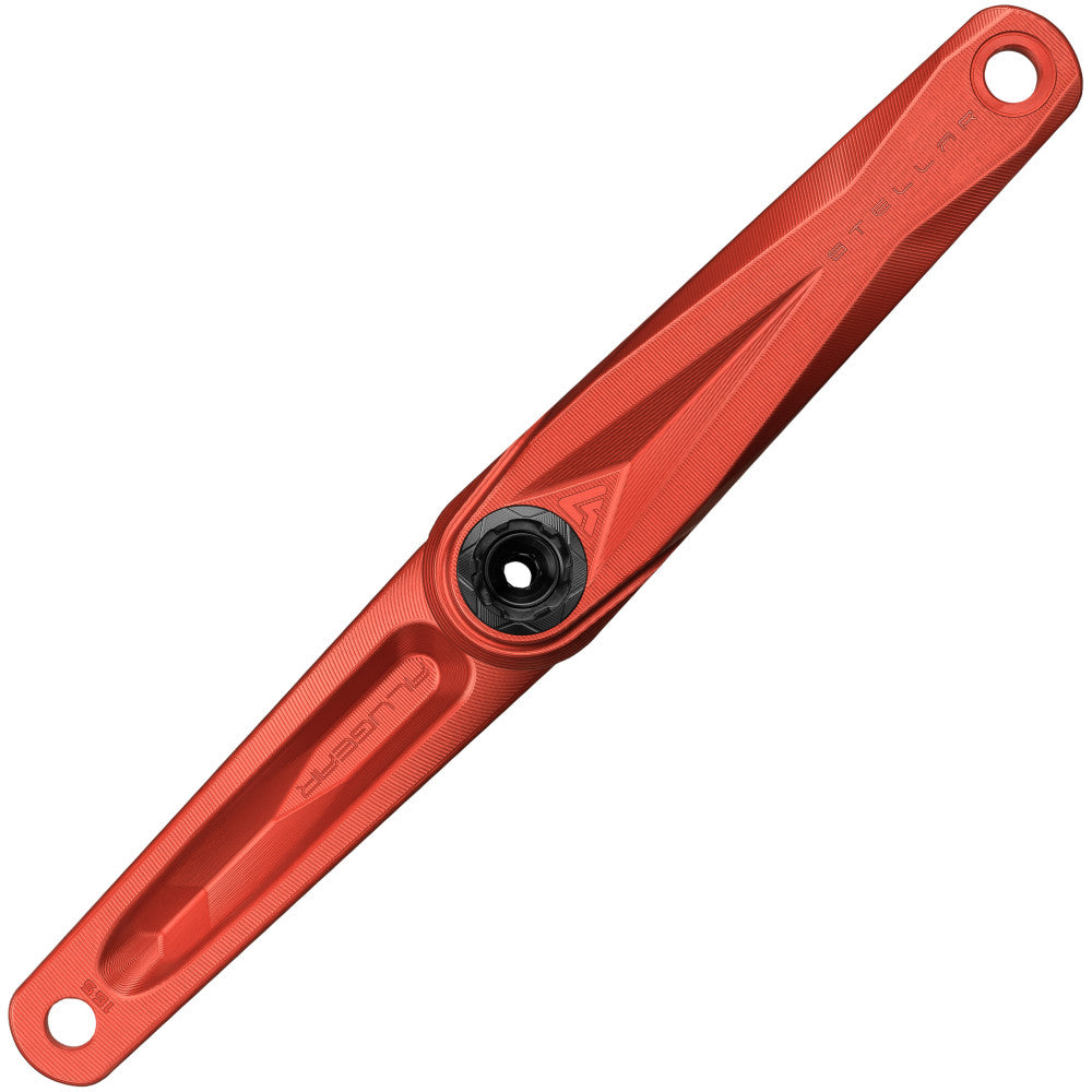 Red anodized ALUGEAR Stellar AL MTB single crank arm face view, STELLAR engraving, DUB spindle interface