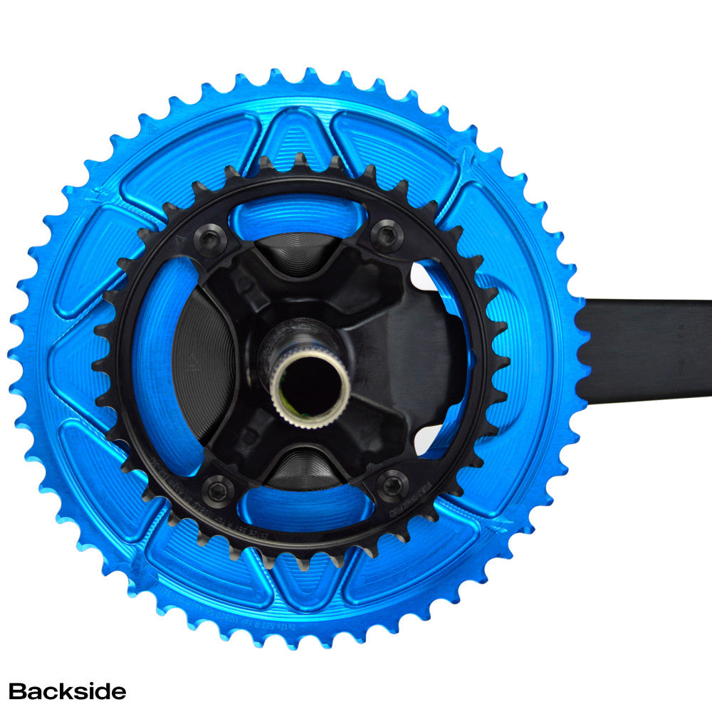 Blue ALUGEAR AERO outer and black inner 2X chainring set installed on Dura-Ace R9200 crank, backside view