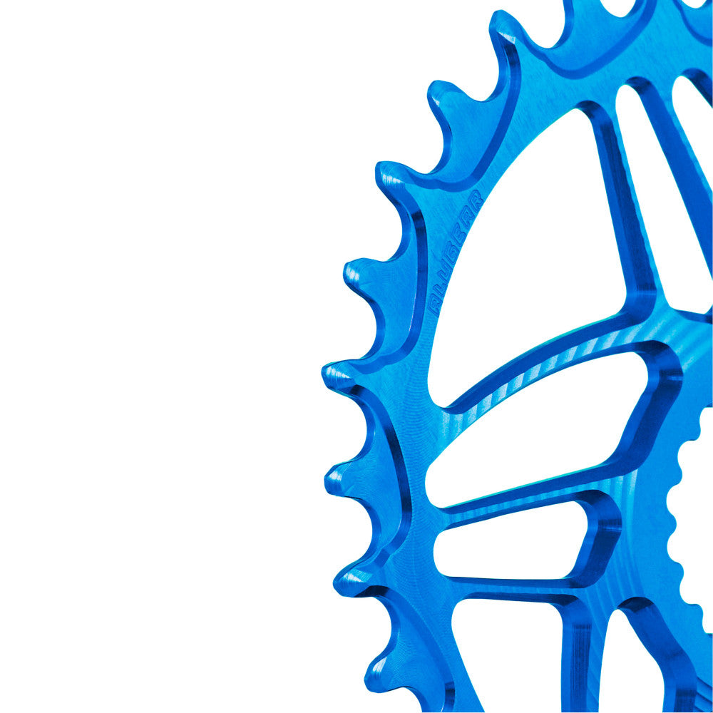 Orange anodized ALUGEAR MTB chainring, Cannondale Hollowgram direct-mount, macro close-up of narrow-wide teeth