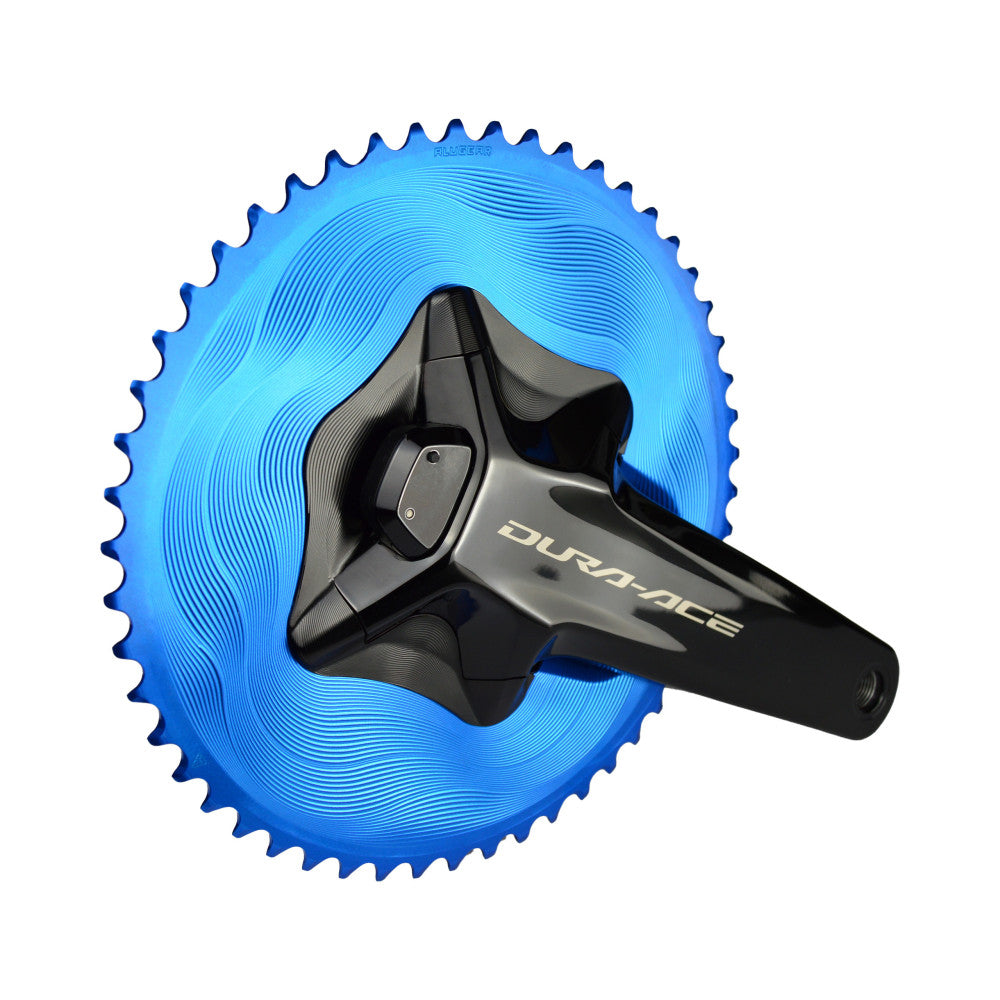 Blue anodized ALUGEAR round road outer chainring on Shimano Dura-Ace R9200 crank, 110 BCD 4-bolt asymmetric, angled view