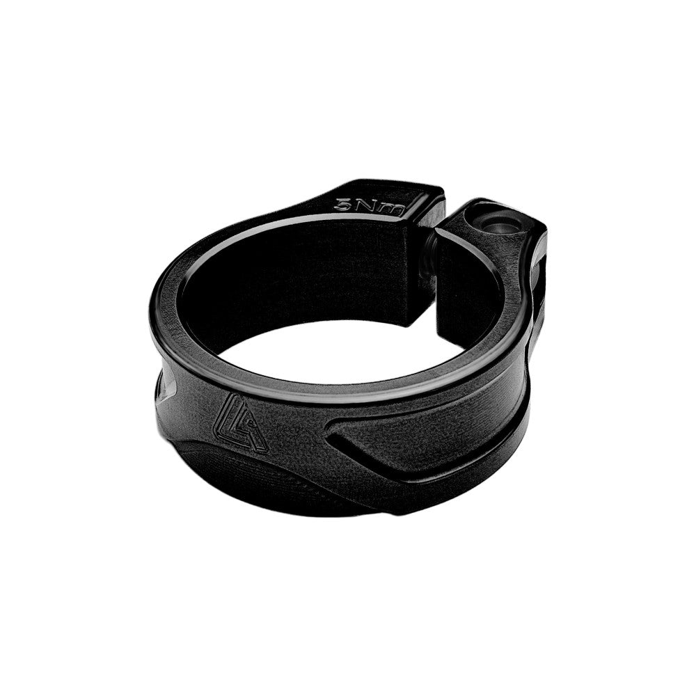 Black anodized ALUGEAR bolt-on seatpost clamp with 5Nm torque marking, single-bolt side view