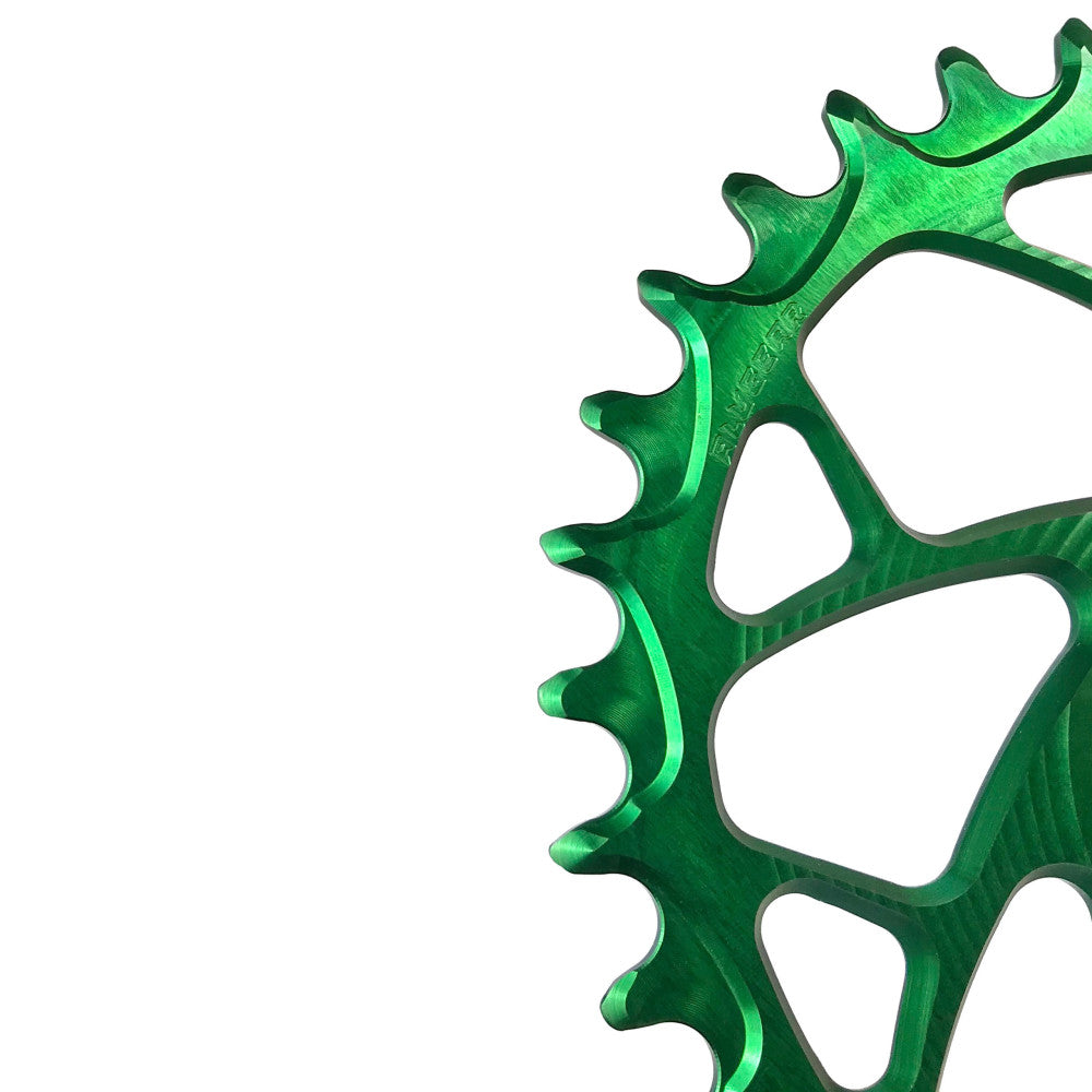 Green anodized ALUGEAR round narrow-wide MTB chainring close-up showing teeth, e*thirteen direct-mount Boost