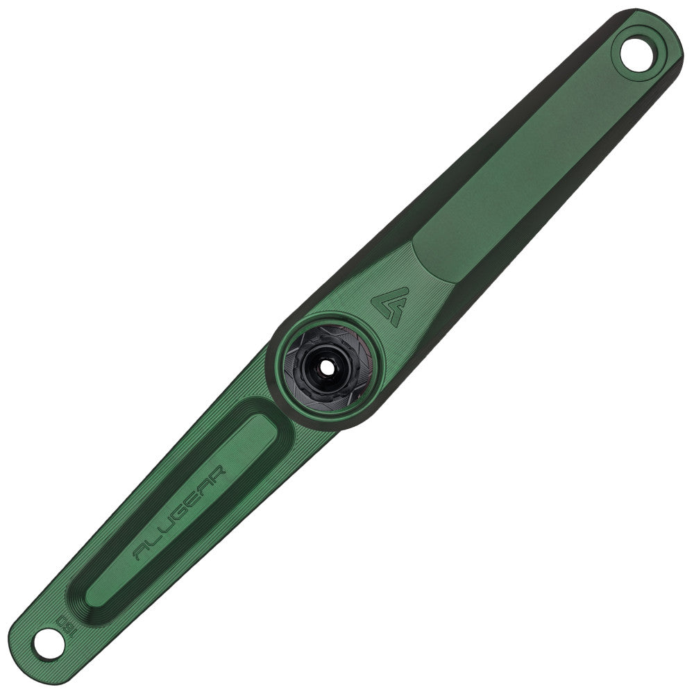 Green anodized ALUGEAR Vega AL road gravel single crank arm, DUB spindle interface, milled slot, machined finish