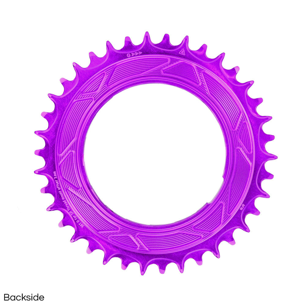 Purple anodized ALUGEAR round AERO thread-mount 1X MTB chainring backside, 38T, geometric pattern reverse