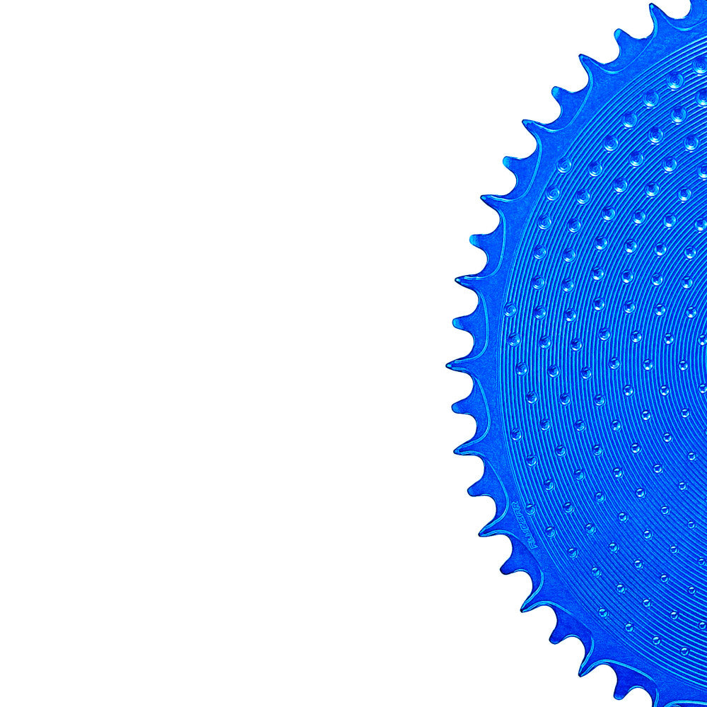 Close-up of blue anodized ALUGEAR round outer road chainring edge with dotted surface, SRAM 8-bolt direct-mount