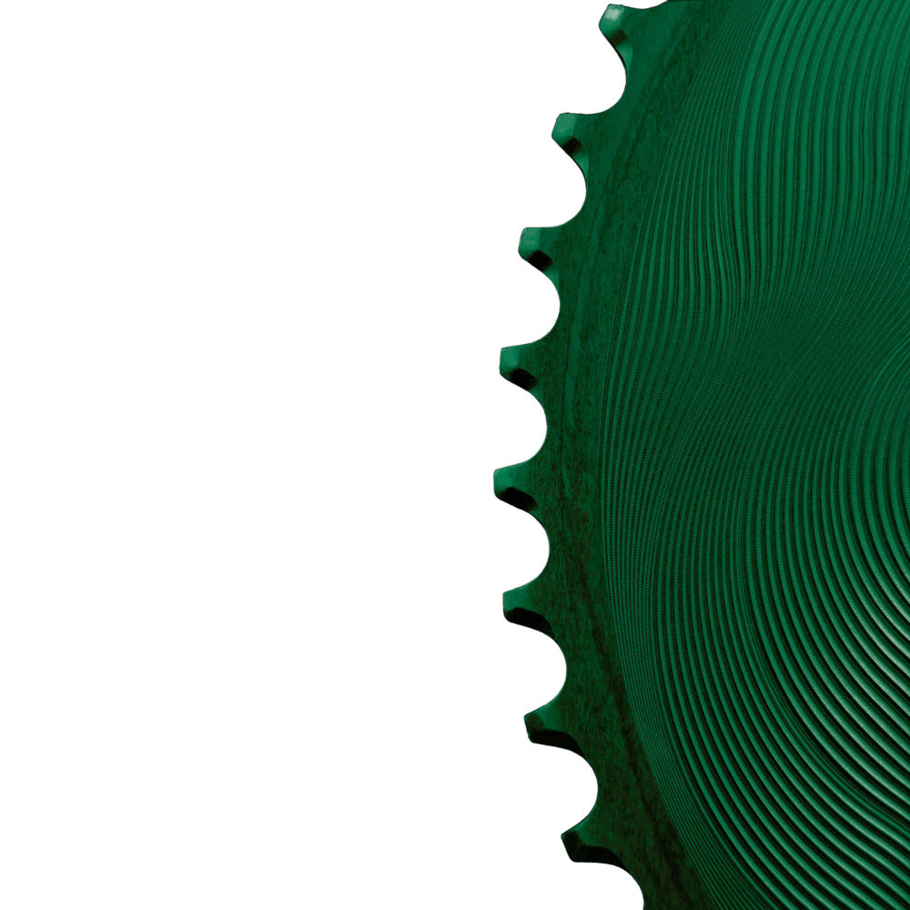 Green anodized ALUGEAR AERO round road chainring close-up teeth detail, 110 BCD 4-bolt Shimano asymmetric