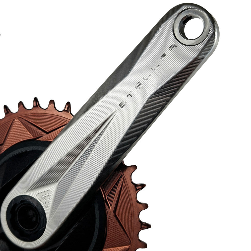 Silver titanium ALUGEAR Stellar Ti MTB crank arm close-up with bronze direct-mount AERO chainring