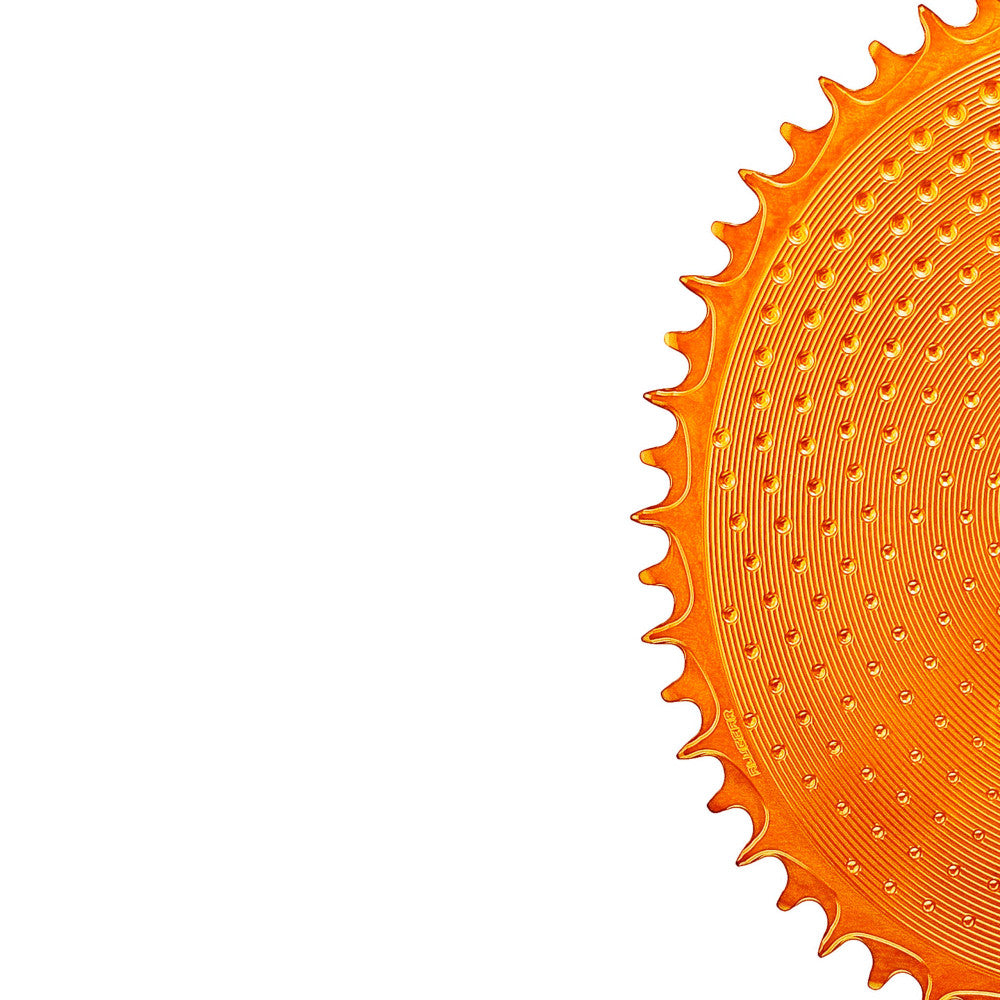 Orange anodized oval ALUGEAR AERO Golf Ball 1X chainring detail, SRAM 8-bolt direct-mount, narrow-wide teeth edge