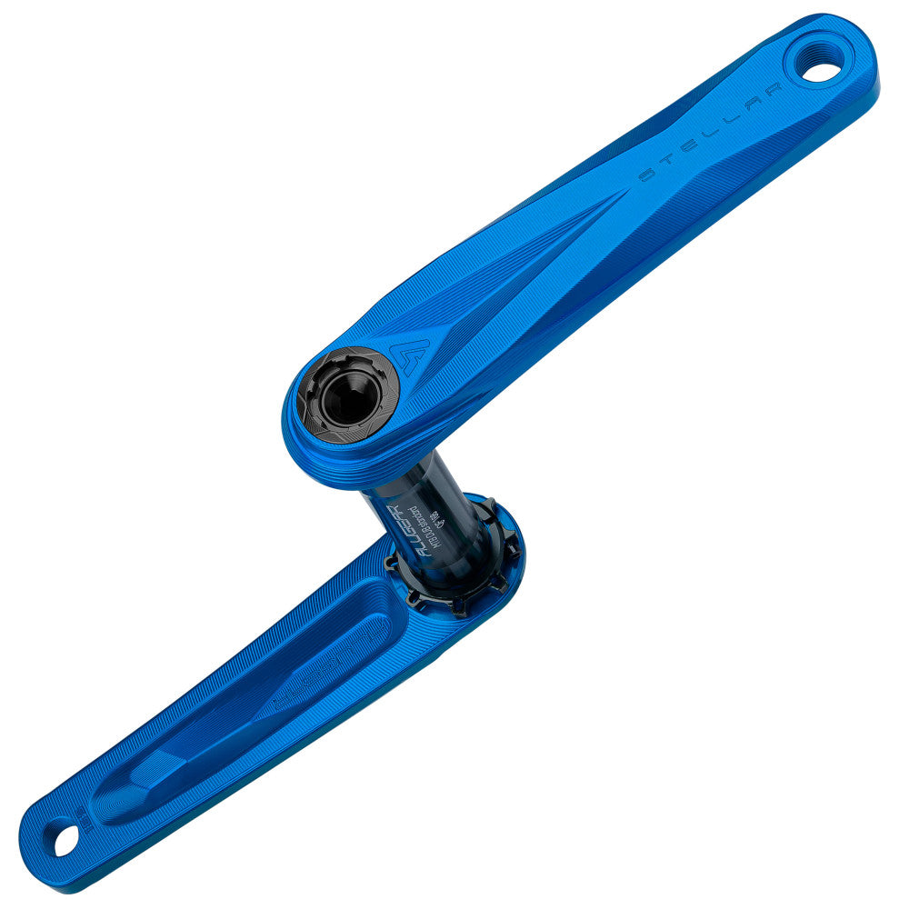 Blue anodized ALUGEAR Stellar AL MTB crankset with DUB spindle, paired crank arms at 180 degrees