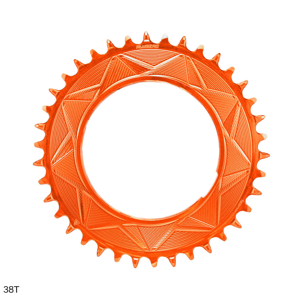 Orange anodized ALUGEAR round AERO thread-mount 1X MTB chainring, 38T, geometric triangle pattern, narrow-wide teeth