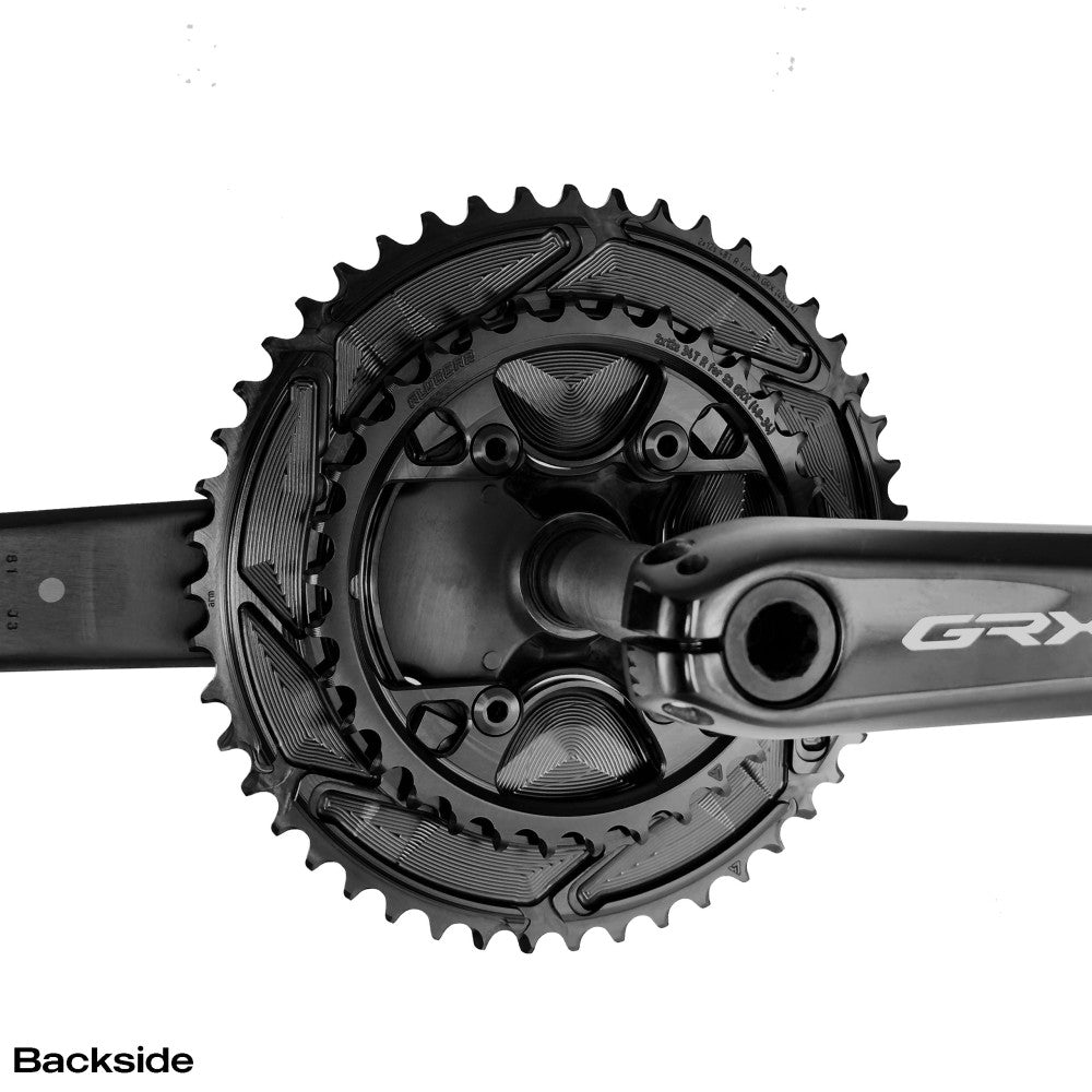 Black ALUGEAR 2x round chainring set installed on Shimano GRX crank, backside close-up view