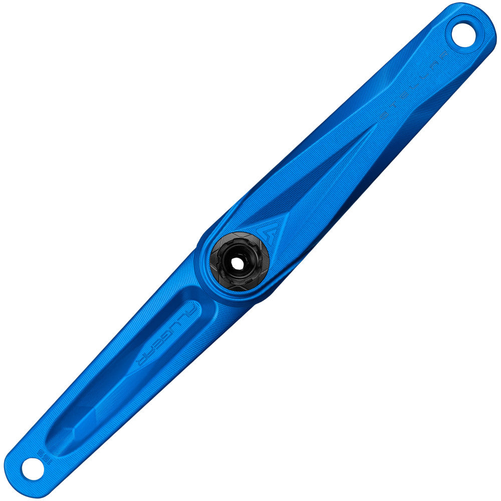 Blue anodized ALUGEAR Stellar AL MTB single crank arm face view, STELLAR engraving, DUB spindle interface