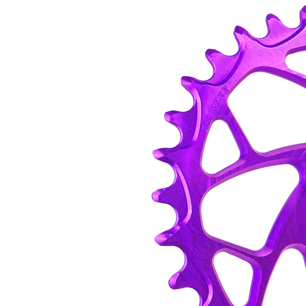 Purple anodized ALUGEAR round narrow-wide MTB chainring close-up showing teeth detail, SRAM 3-bolt direct-mount