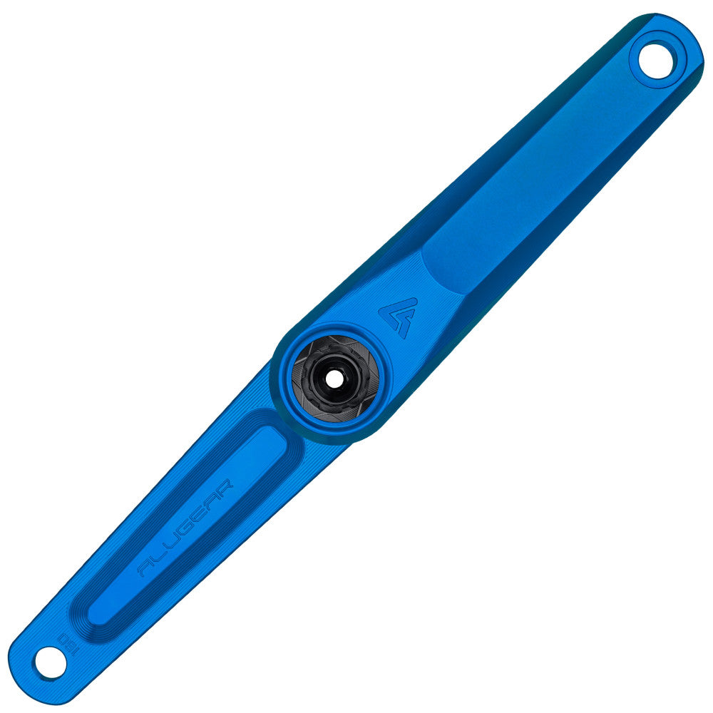 Blue anodized ALUGEAR Vega AL road gravel single crank arm, DUB spindle interface, milled slot, machined finish