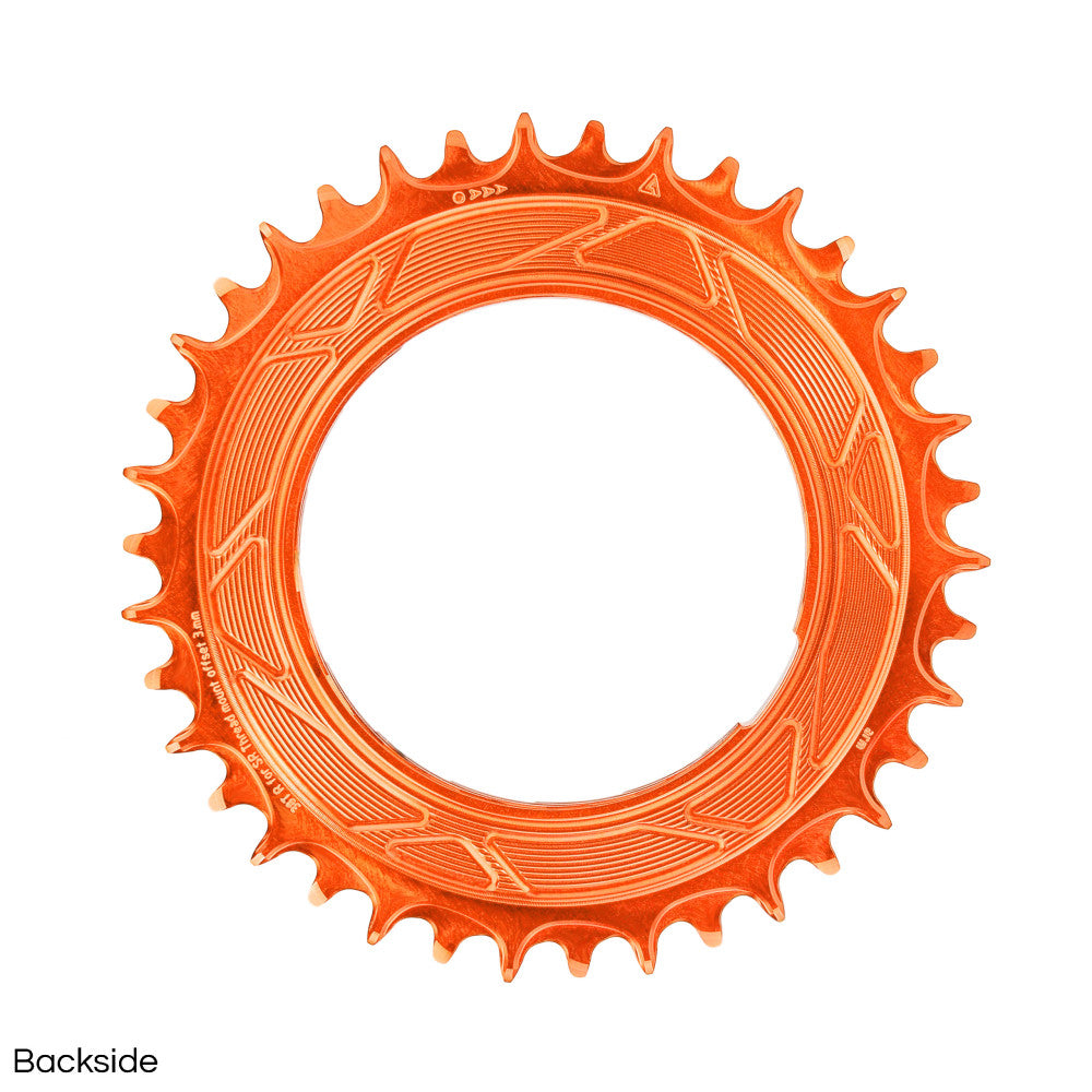 Orange anodized ALUGEAR round AERO thread-mount 1X MTB chainring backside, 38T, geometric pattern reverse