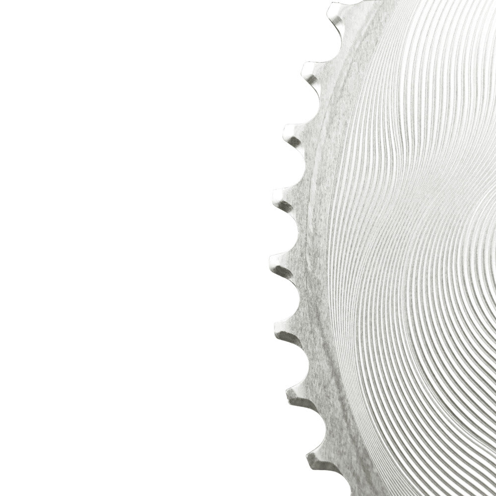 Silver polished ALUGEAR AERO road chainring close-up, round, machined concentric wave finish, 110 BCD 4-bolt Shimano 12-speed