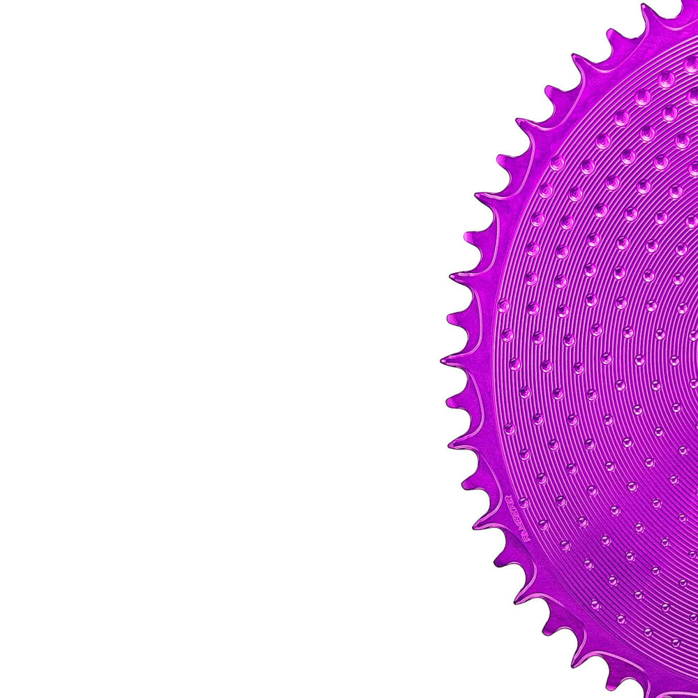 Purple anodized oval ALUGEAR AERO Golf Ball 1X chainring edge detail, SRAM 3-bolt direct-mount, narrow-wide teeth
